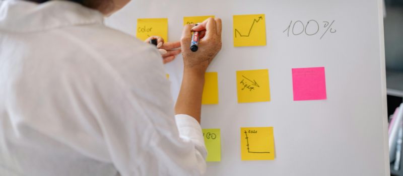 a woman sticking post it notes on the white board