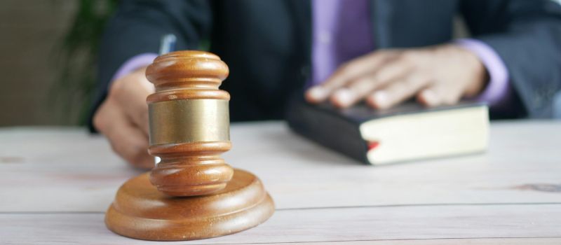 a gavel, law book and a lawyer in one frame